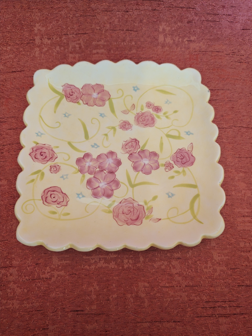 Harry & David Vintag Floral Square Scalloped Edge Ceramic Plate Cream Multicolor